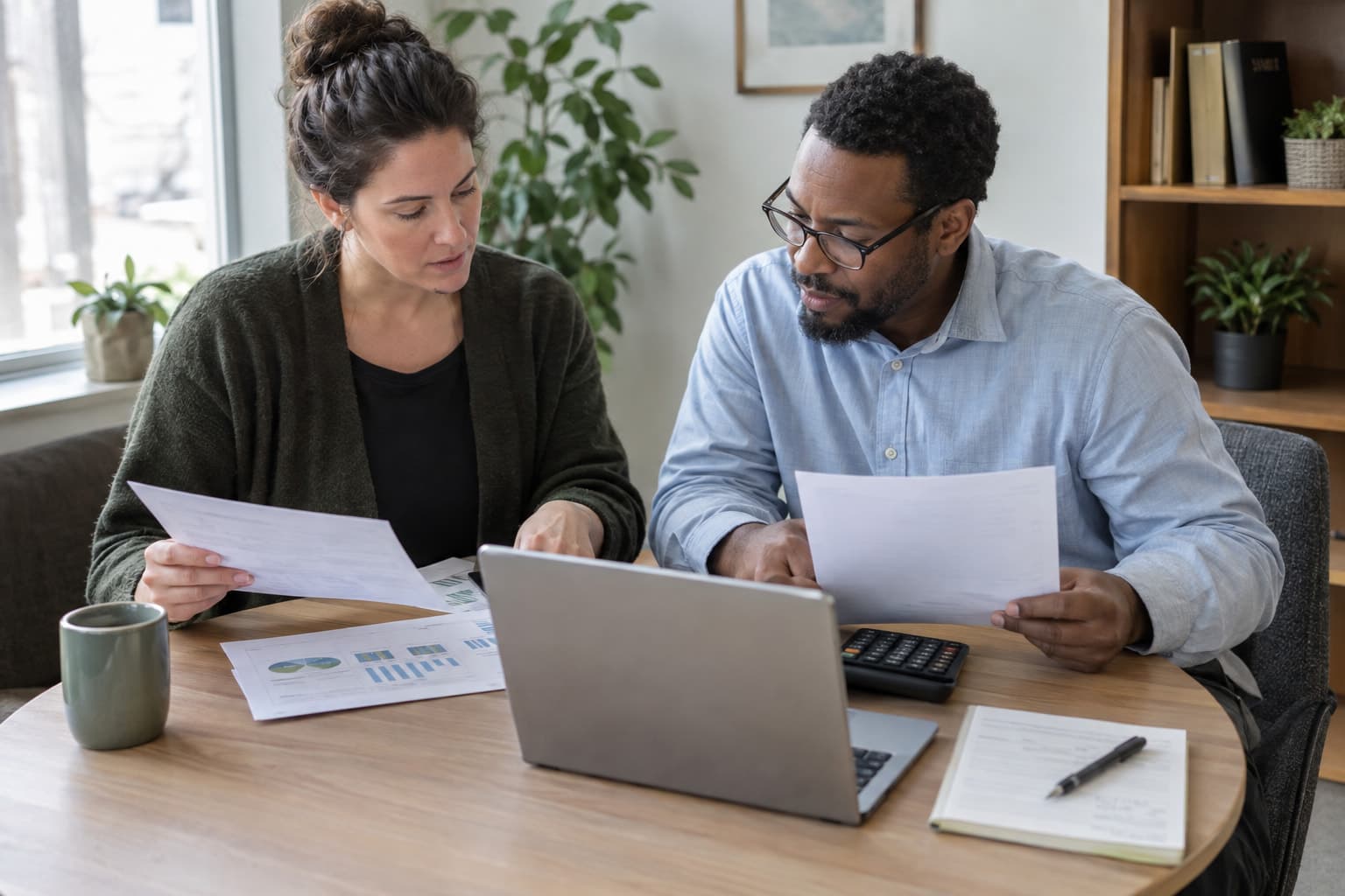 A program manager and a finance officer reviewing figures together at a small table