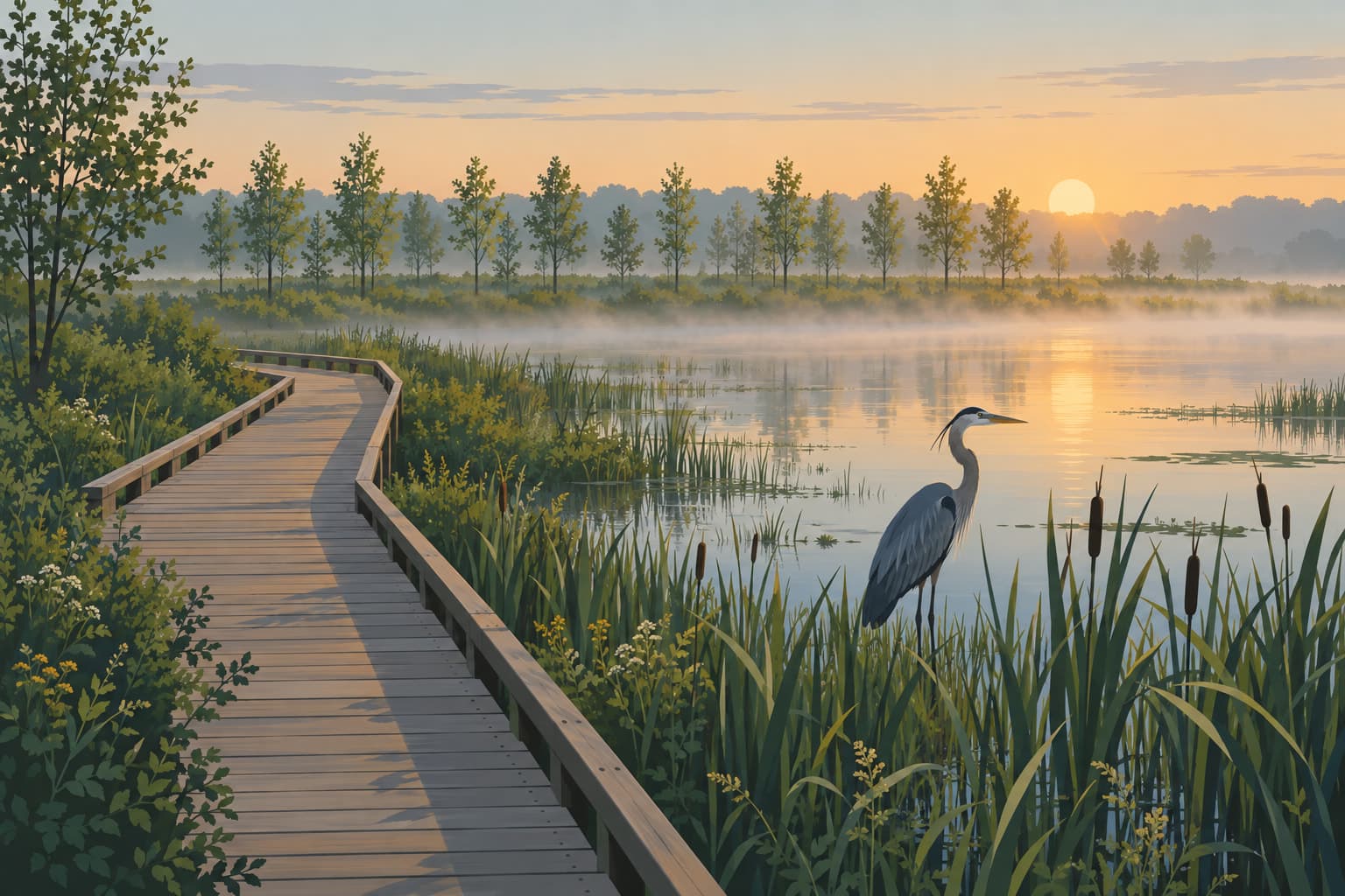 A wooden boardwalk crossing a restored wetland at dawn with a heron standing in the reeds