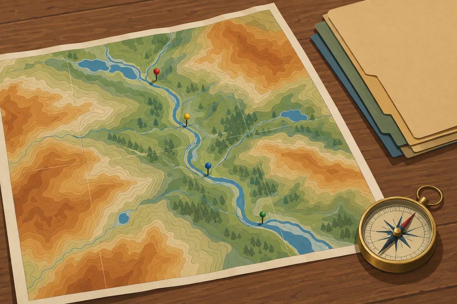 A topographic map on a table with colored pins and a compass beside a stack of folders