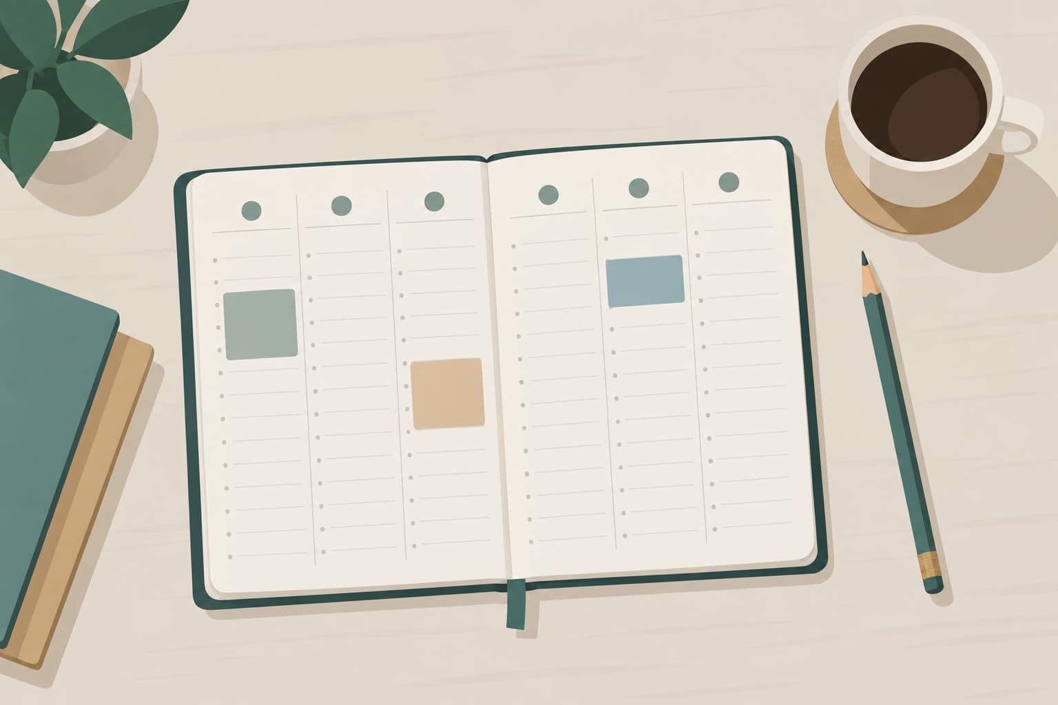 A weekly planner page with three blocks of time set aside beside a cup of coffee