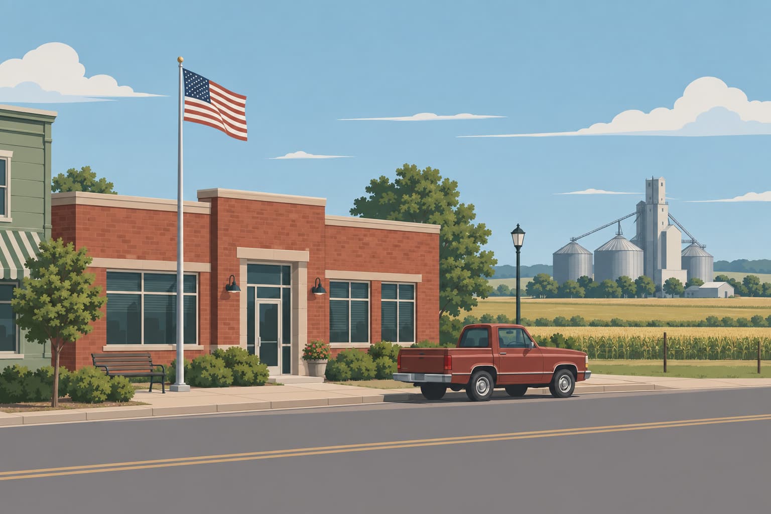 A small-town main street with a low brick office building and a pickup truck parked outside
