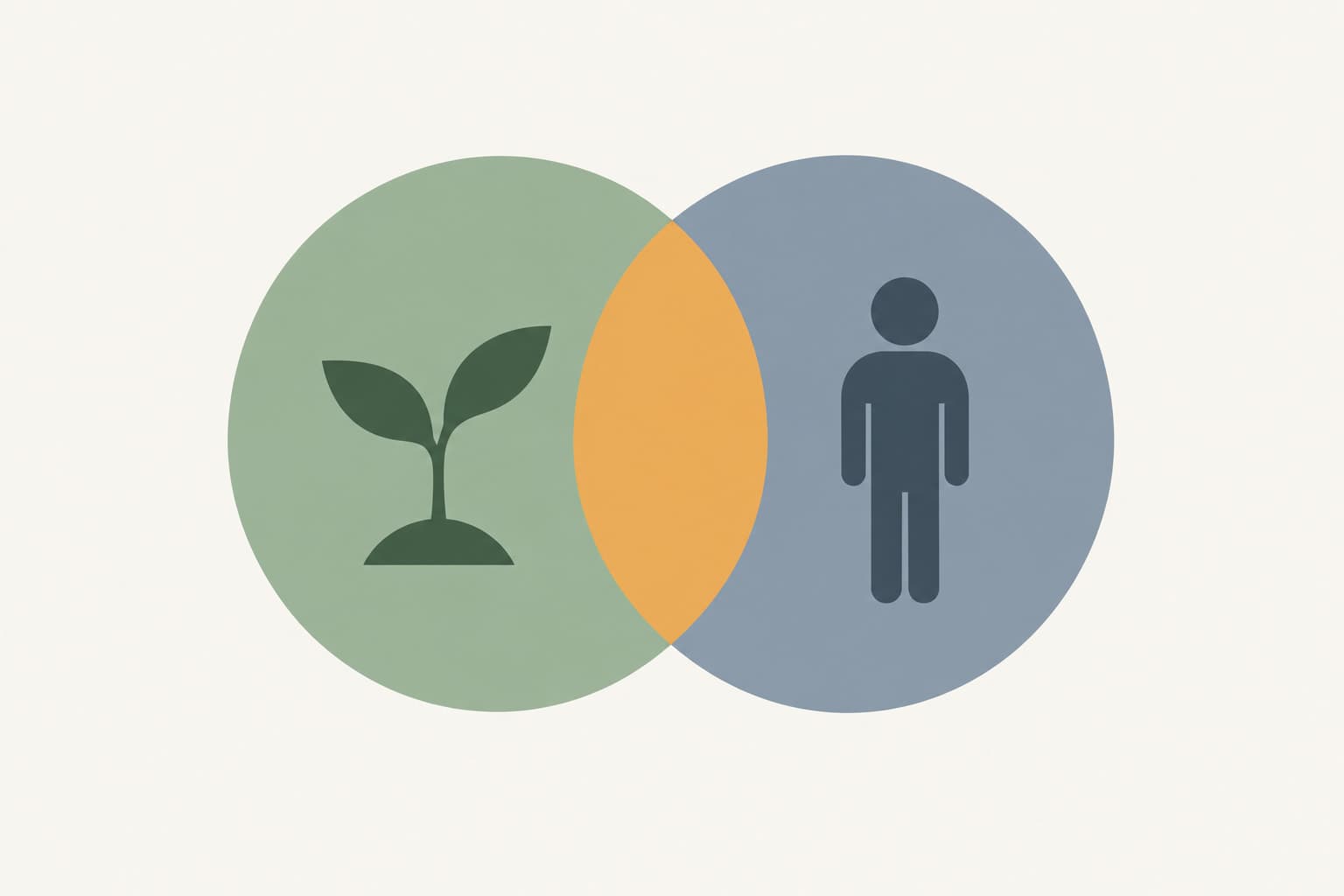 Two overlapping circles, one holding a sprout and one holding a small figure, joined in the middle