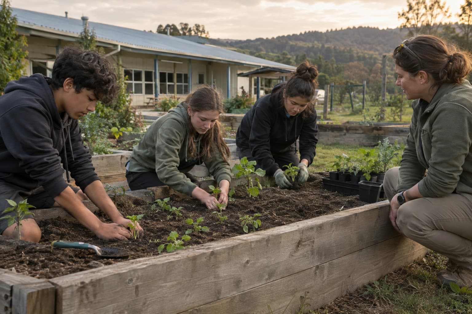 Teenagers planting seedlings in raised garden beds behind a rural school with an educator kneeling beside them