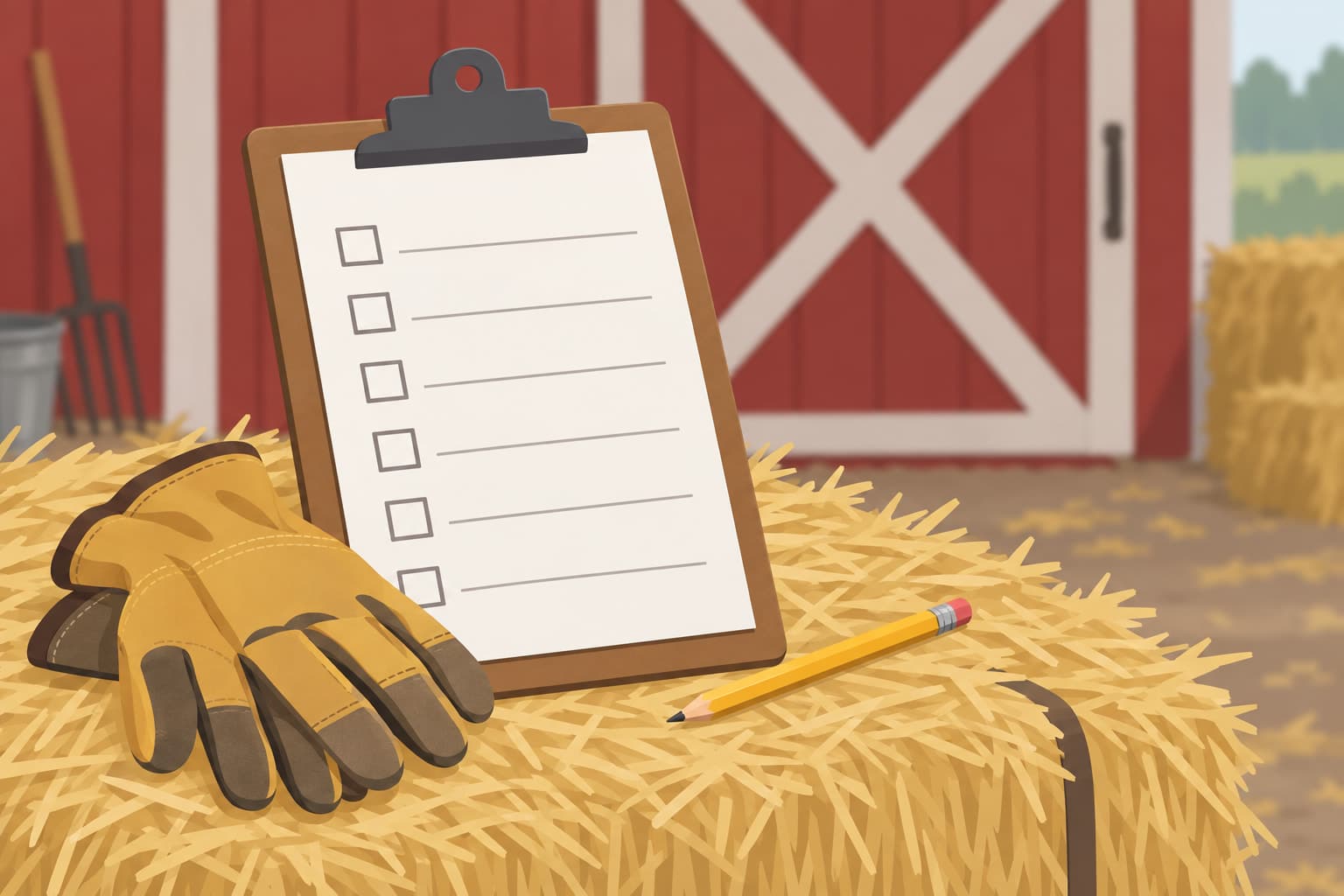 A clipboard with a blank checklist resting on a hay bale beside a pair of work gloves