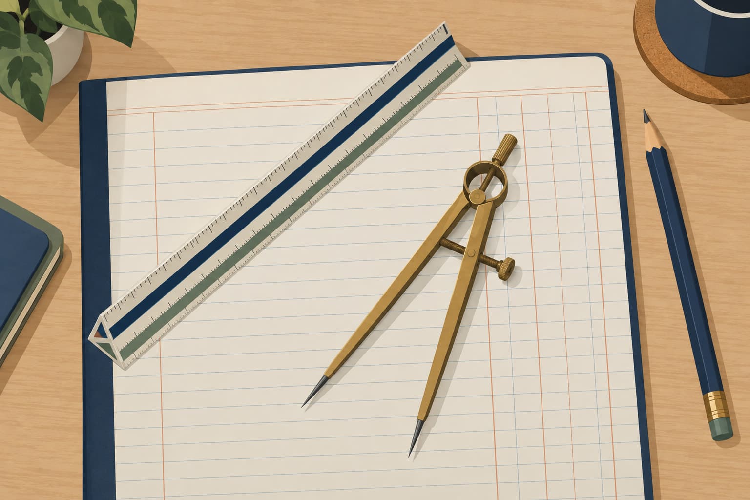 An architect's scale ruler and a pair of brass drafting dividers resting on a blank ruled ledger page