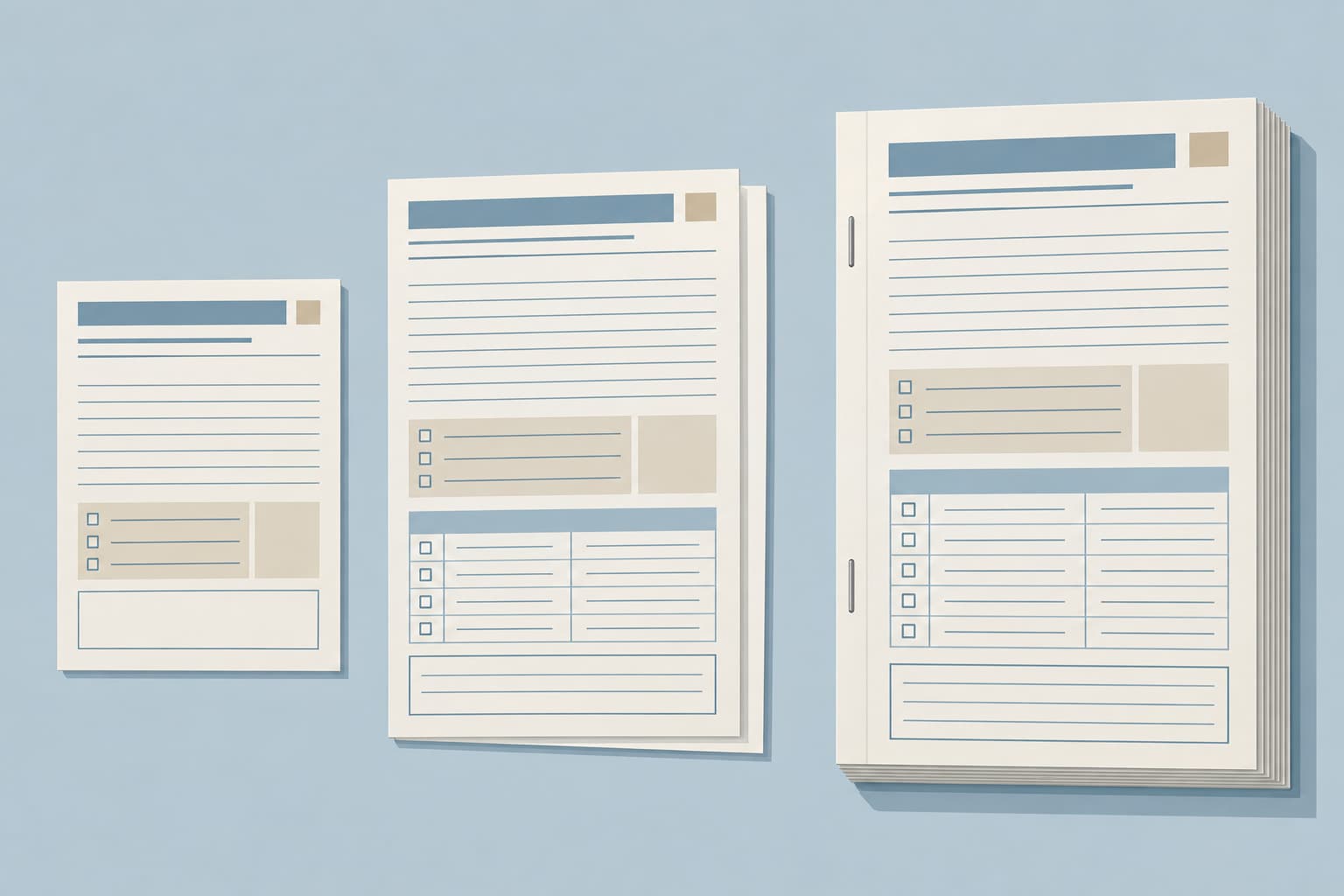 Three stacked forms of different lengths, from a short summary sheet to a long itemized packet