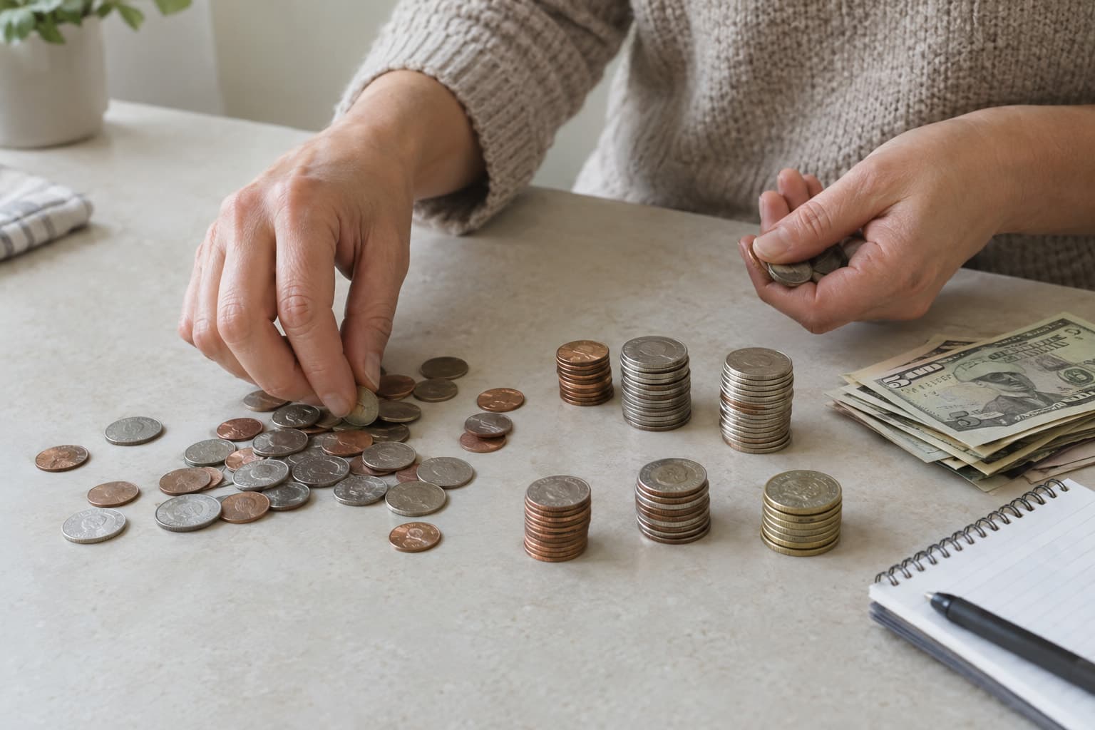 Coins and bills being sorted into neat rounded stacks on a counter