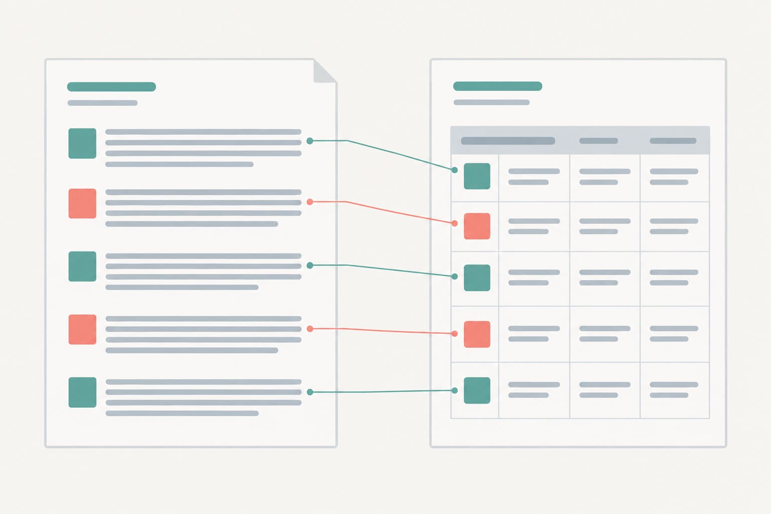 Two printed pages side by side joined by thin connecting lines between matching paragraphs and rows