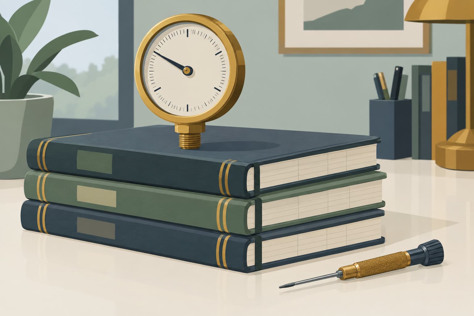 A brass dial gauge resting on a stack of bound ledgers with a small screwdriver beside it