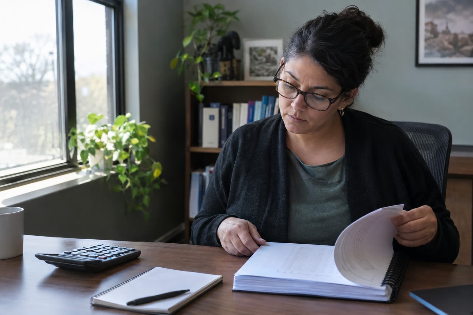 A finance director at a desk reviewing audited statements with a calculator
