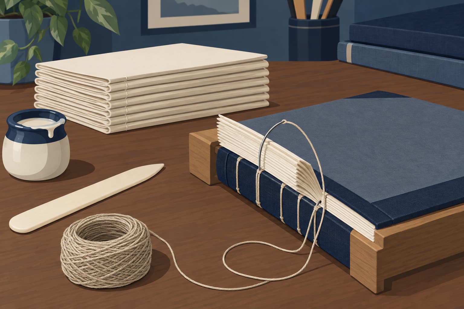Folded page sections stacked in order beside a half-bound book being stitched on a bookbinder's table