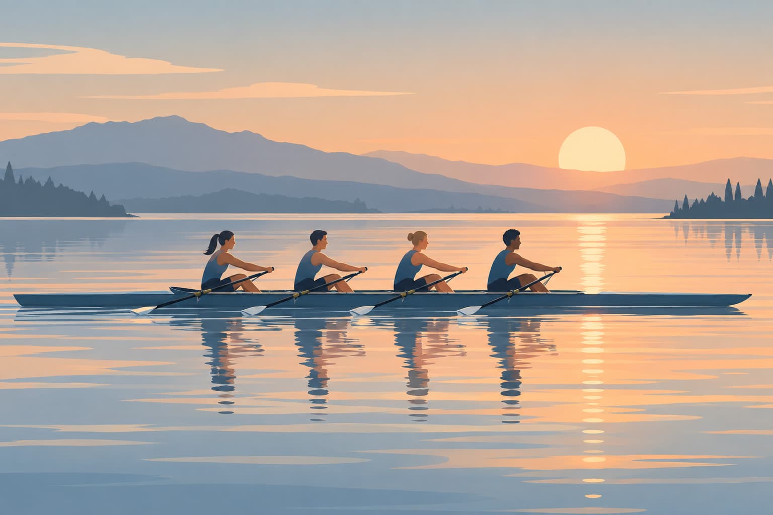 Four rowers in a narrow rowing shell pulling their oars in unison on calm water at sunrise