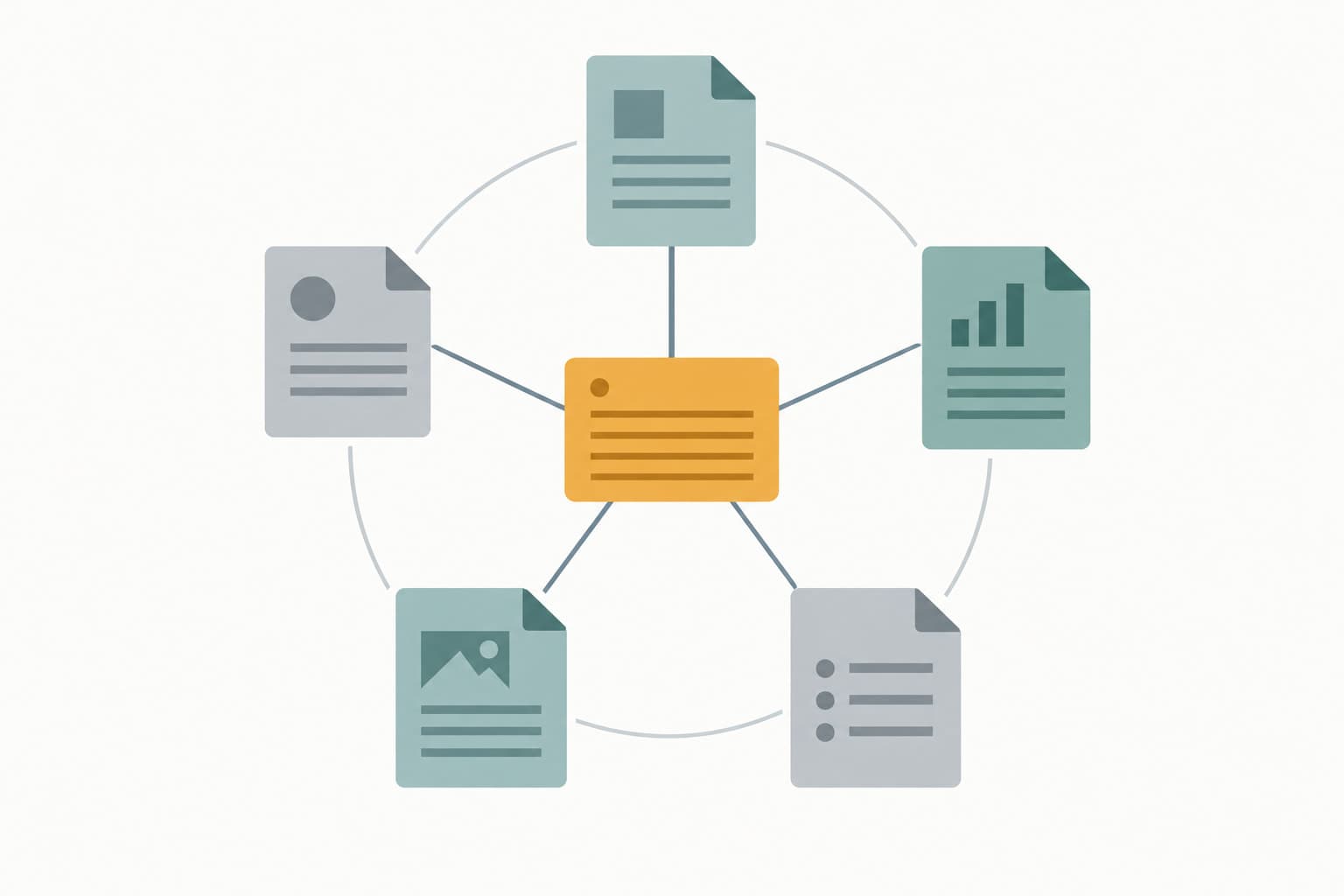 A single index card at the center with thin lines running out to five document shapes around it