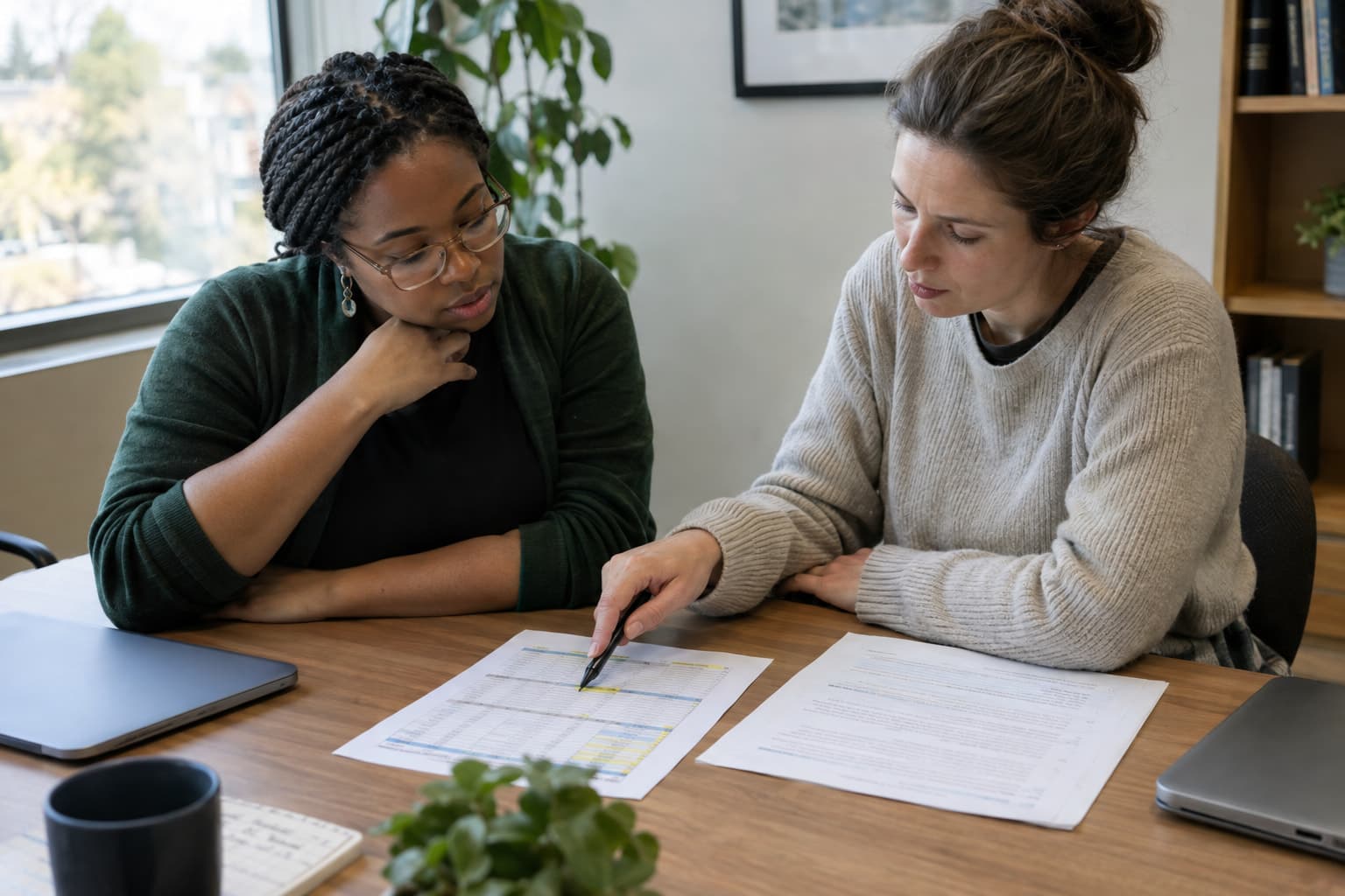 Two colleagues at a table comparing a printed budget with a printed narrative, one pointing at a line