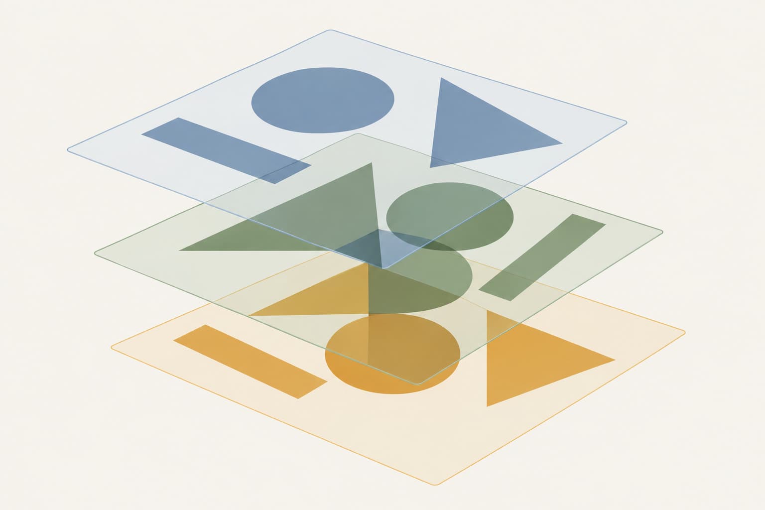 Three stacked transparent sheets with shapes that line up when overlaid