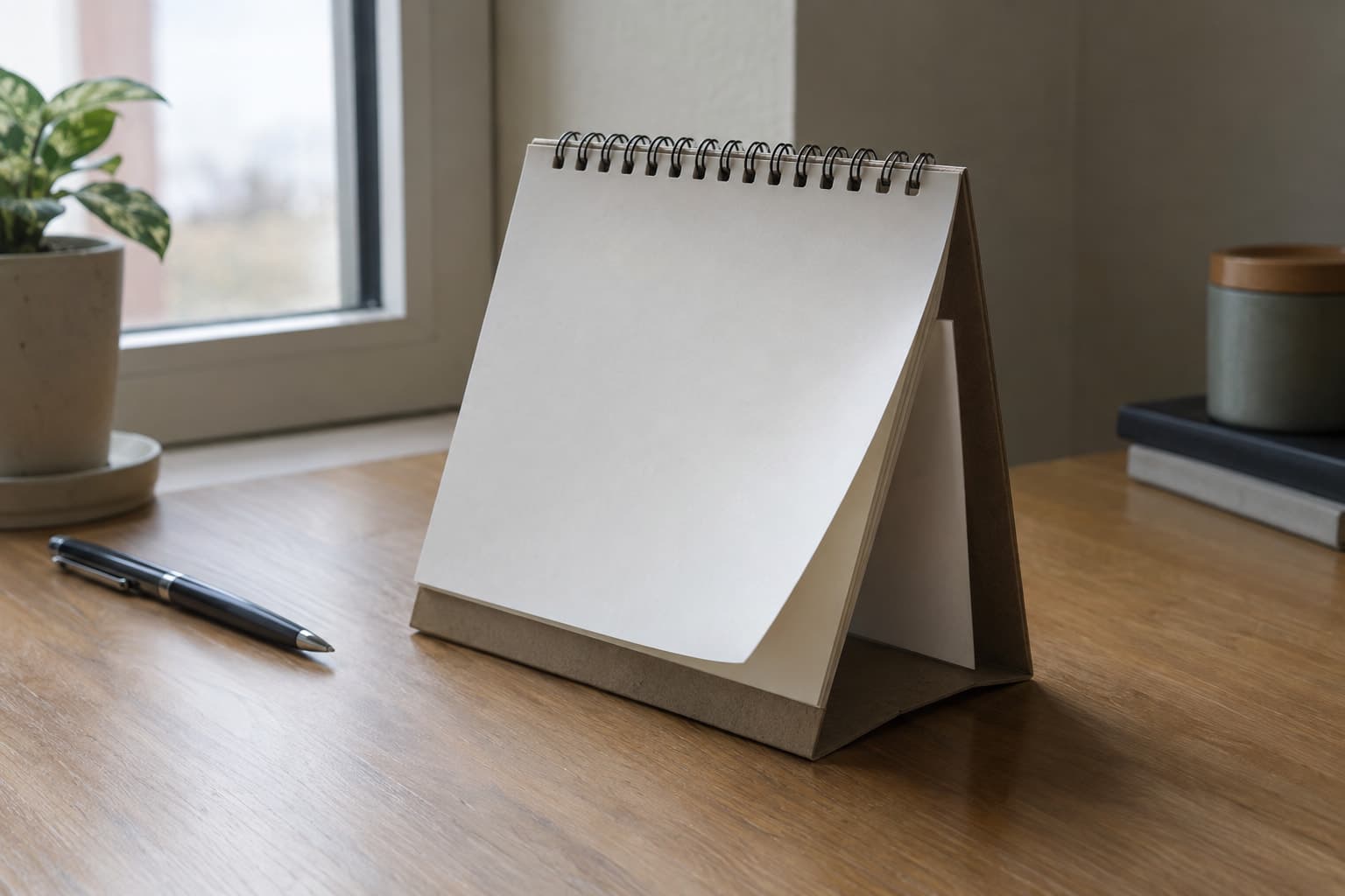 A desk calendar whose last page is folded back to reveal an extra blank page behind it