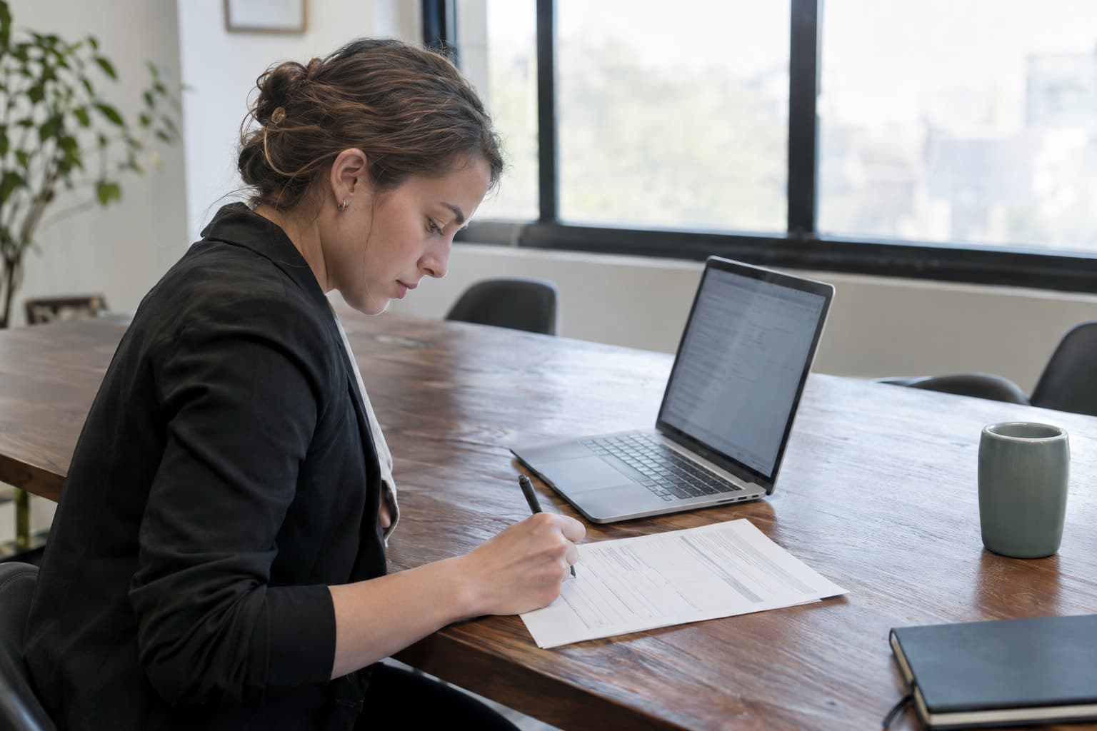 A grants manager at a table filling in a printed form with a laptop open beside it