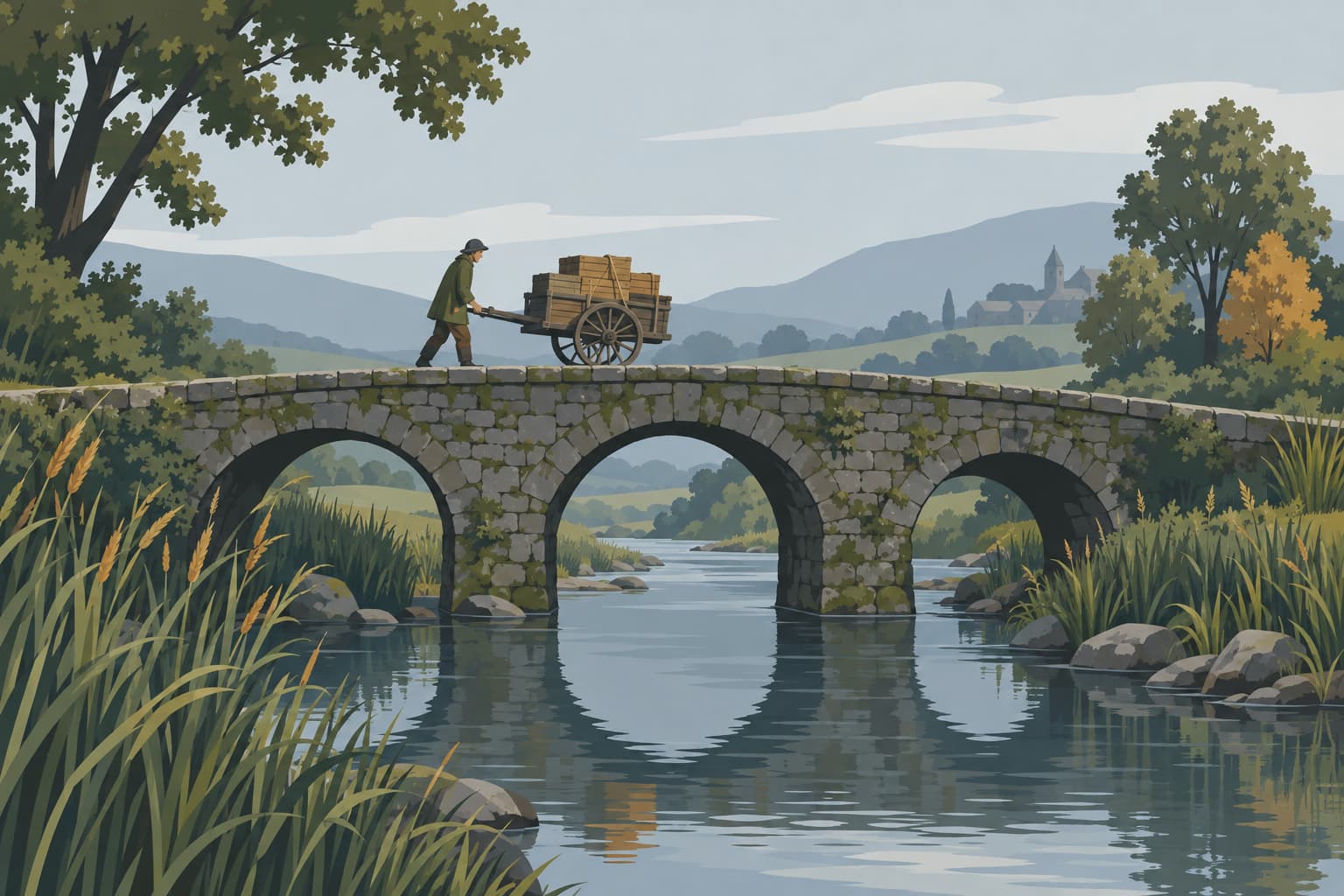 A stone footbridge with visible load-bearing arches carrying a loaded handcart across a creek