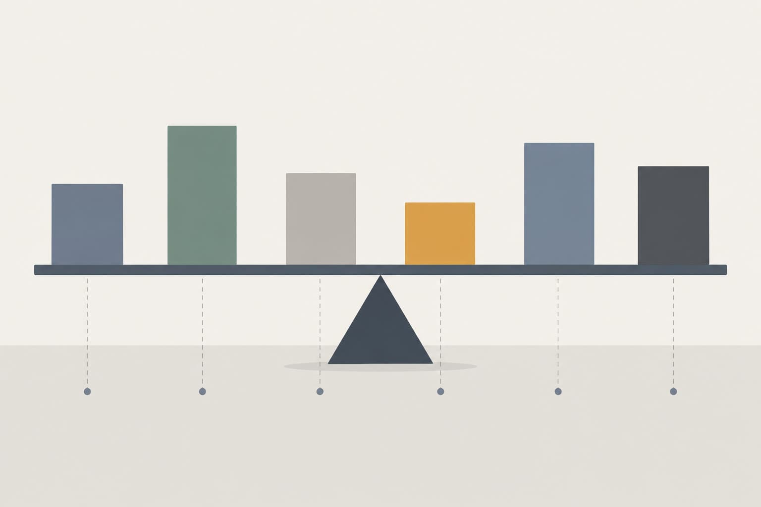 A bar of six stacked blocks of different heights on a balance beam