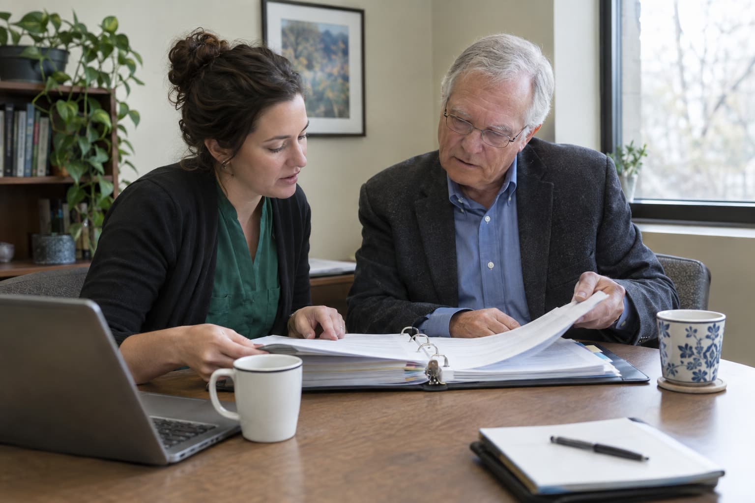 A program director and a board member reviewing a binder of documents at a meeting table