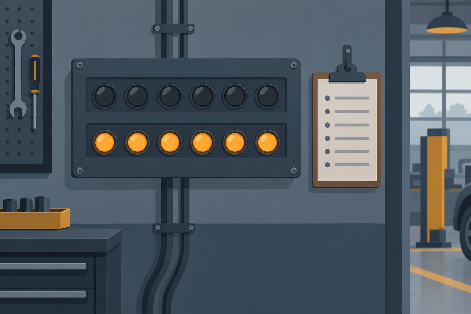 A mechanic's diagnostic board with two separate rows of indicator lights, one row lit amber