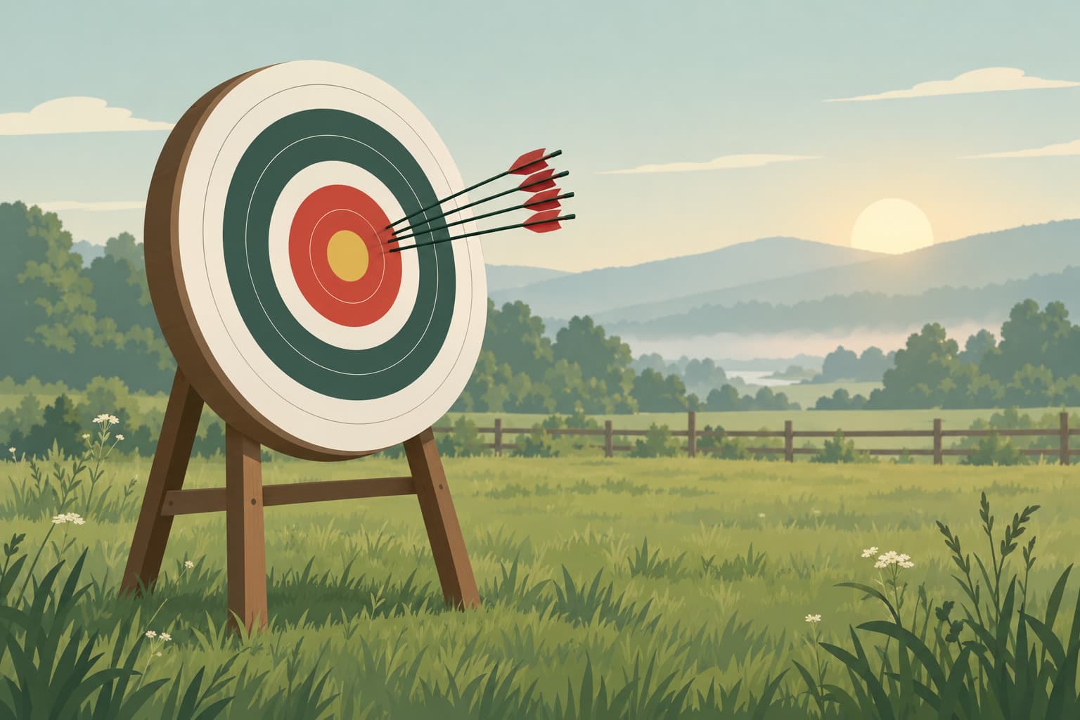 An archer's target with arrows clustered tightly but off to one side of the center