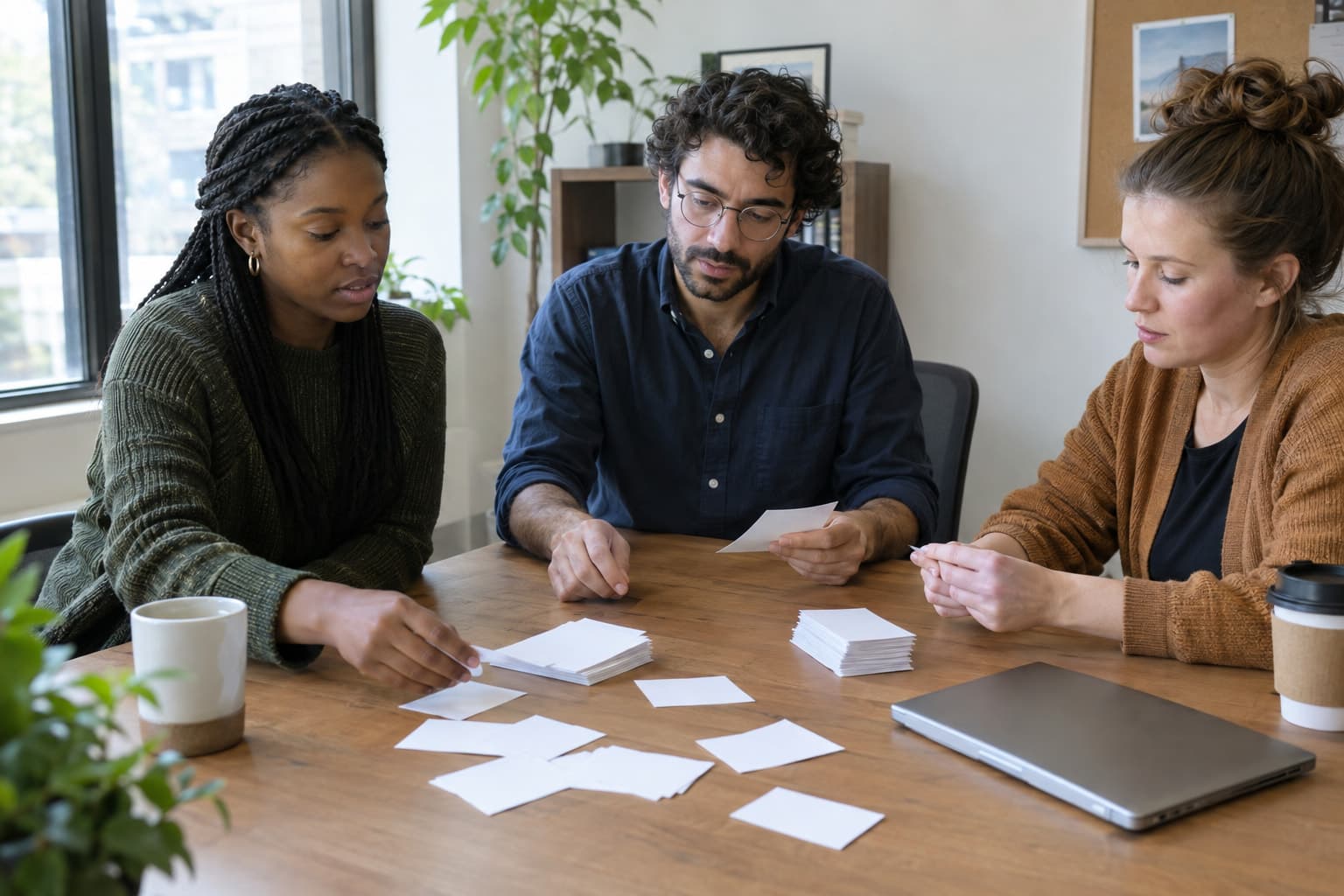 A small team sorting index cards into two piles on a meeting table