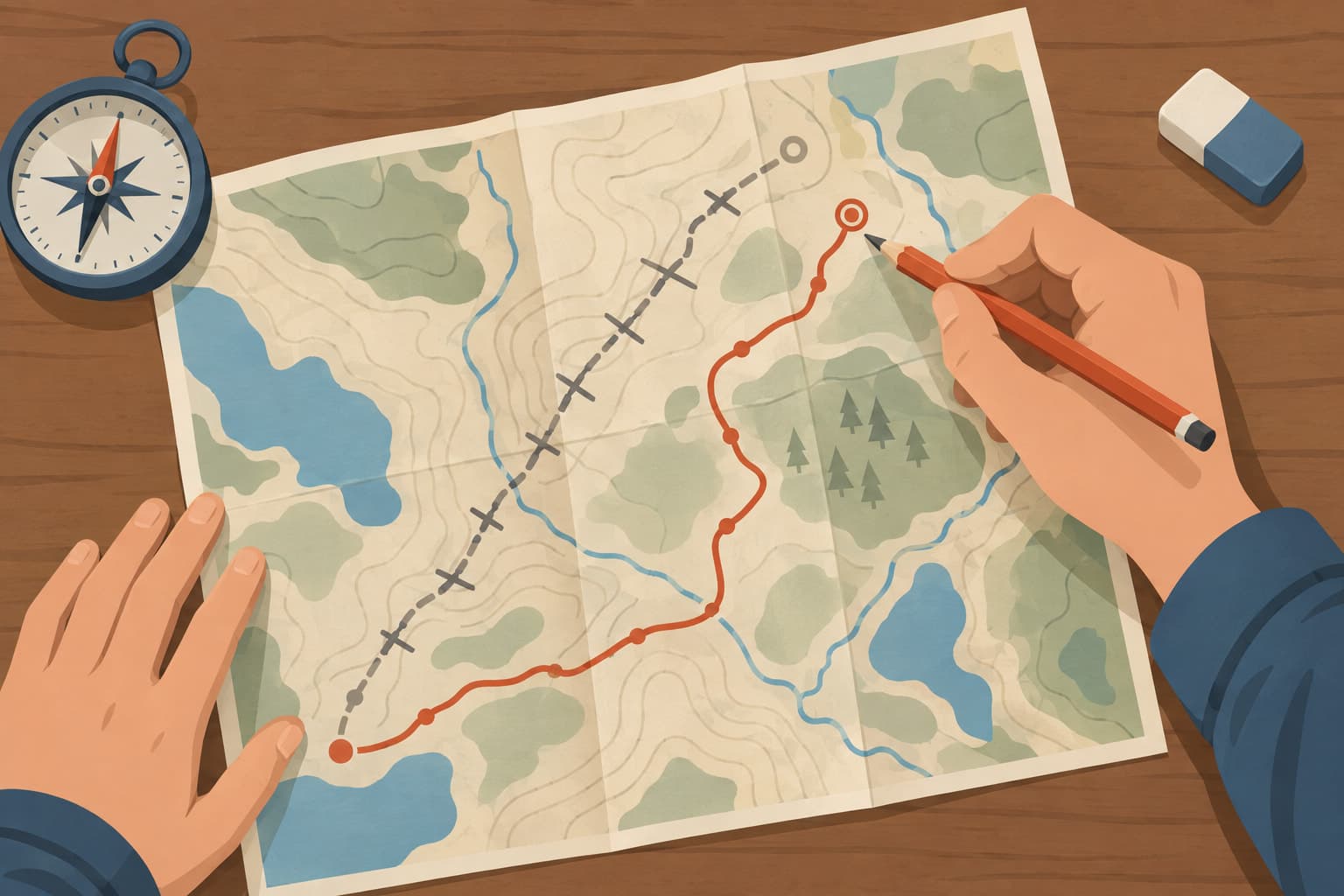 A hand redrawing a route on a paper map with a pencil, an old route crossed out