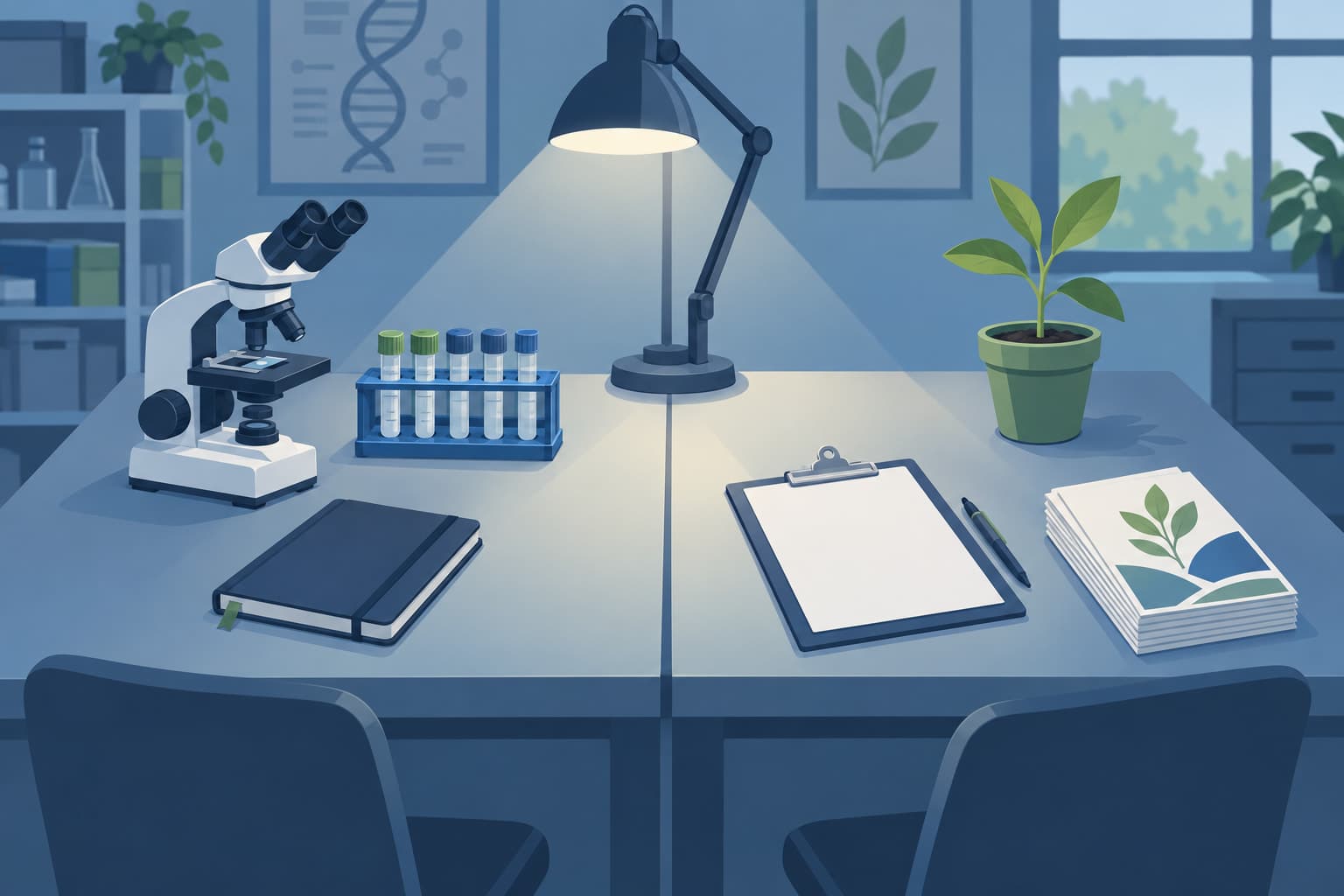Worktable split between a lab side with a microscope and sample tubes and a program side with flyers and a seedling