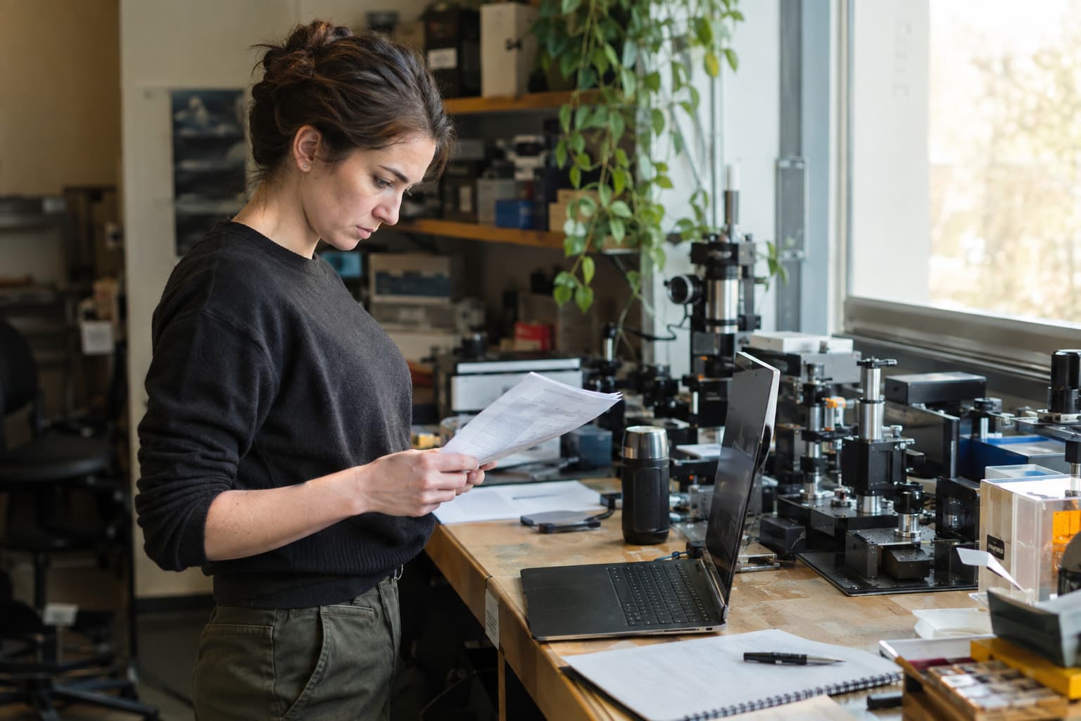 A founder at a lab bench reviewing a printed weekly timesheet beside a laptop