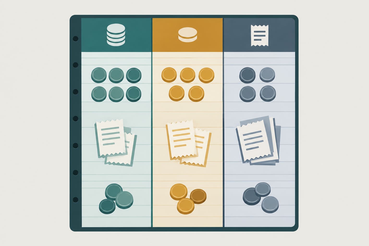 A ledger split into three colored lanes for direct, indirect and unallowable costs