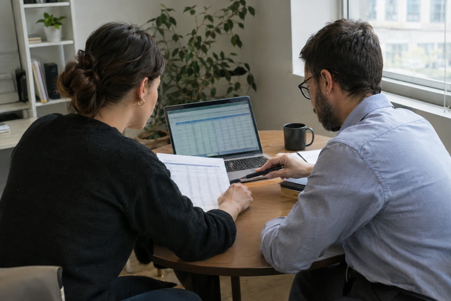 Two people at a table comparing a payroll printout with a spreadsheet on a laptop