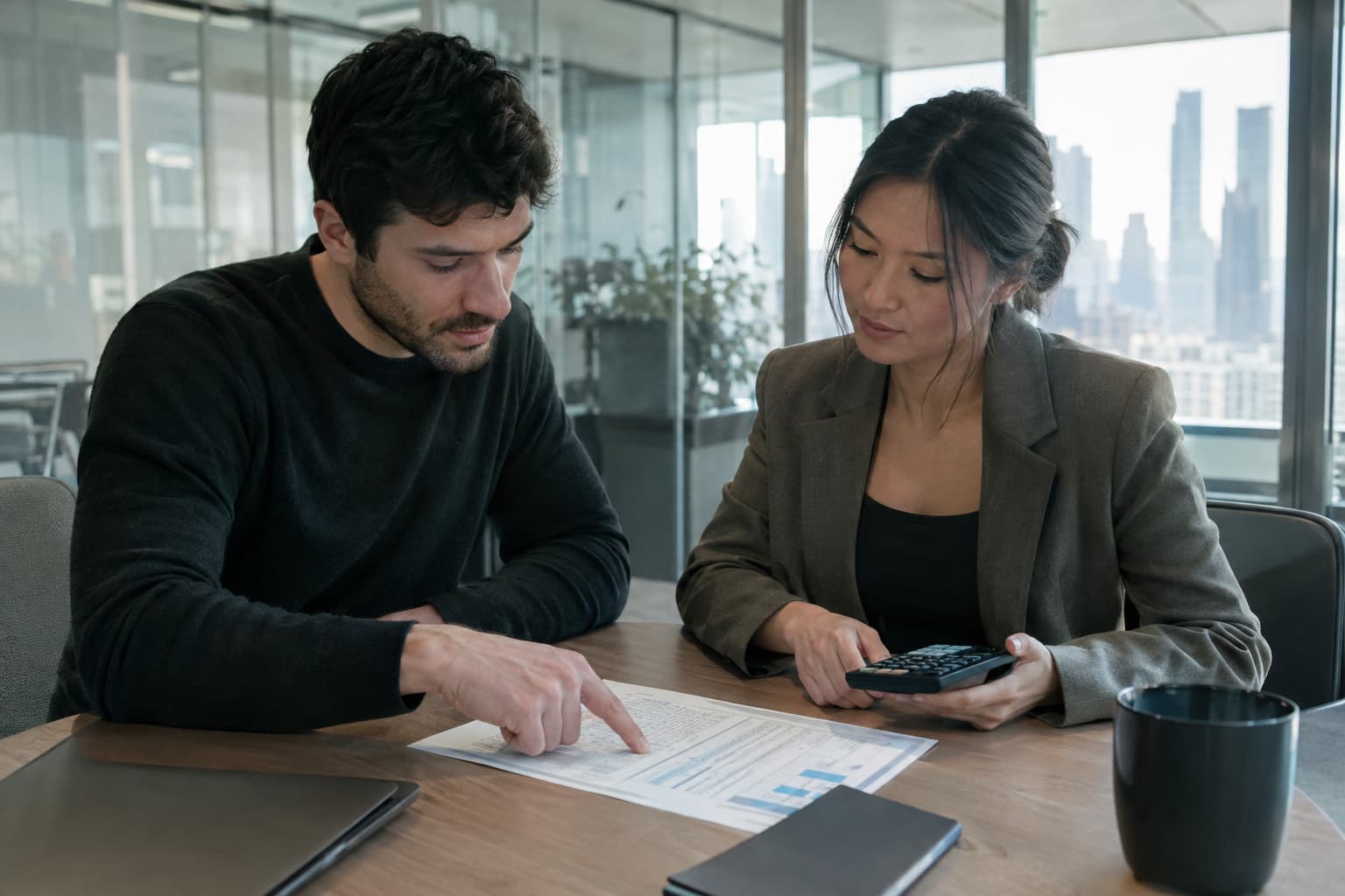 Two co-founders at a small conference table going over a printed budget with a calculator