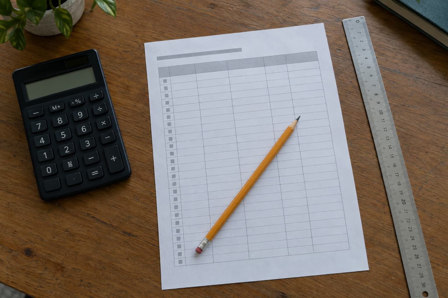 A calculator, a ruler and a printed rate worksheet on a desk