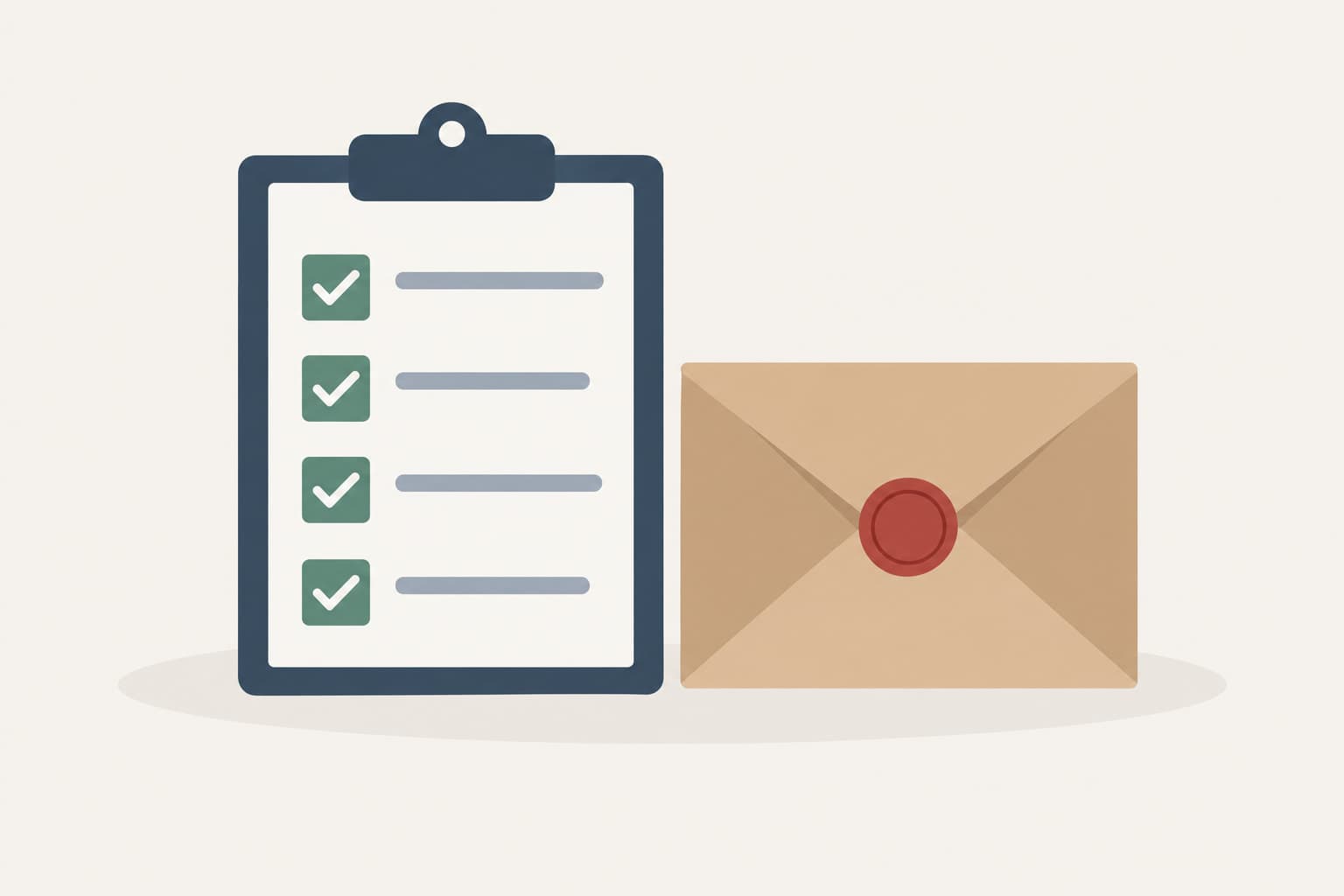 A checklist with ticked boxes beside a sealed envelope