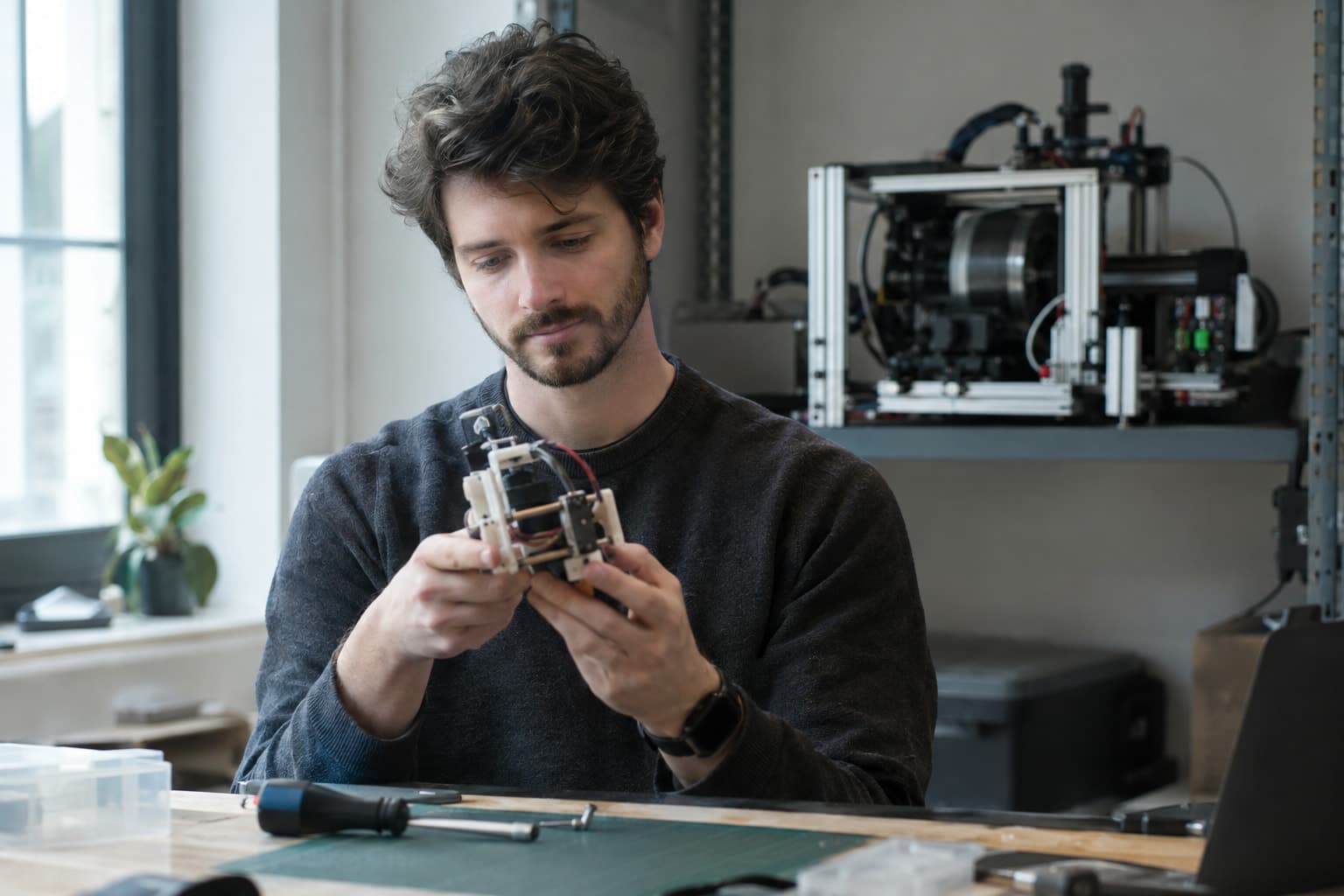 A founder at a workbench comparing a small prototype with a larger test rig on a shelf behind it