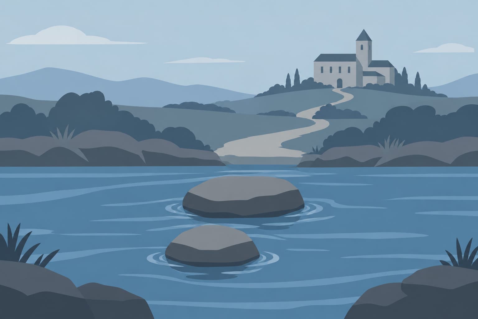 A flat illustration of two stepping stones, a small one and a larger one, leading across a stream