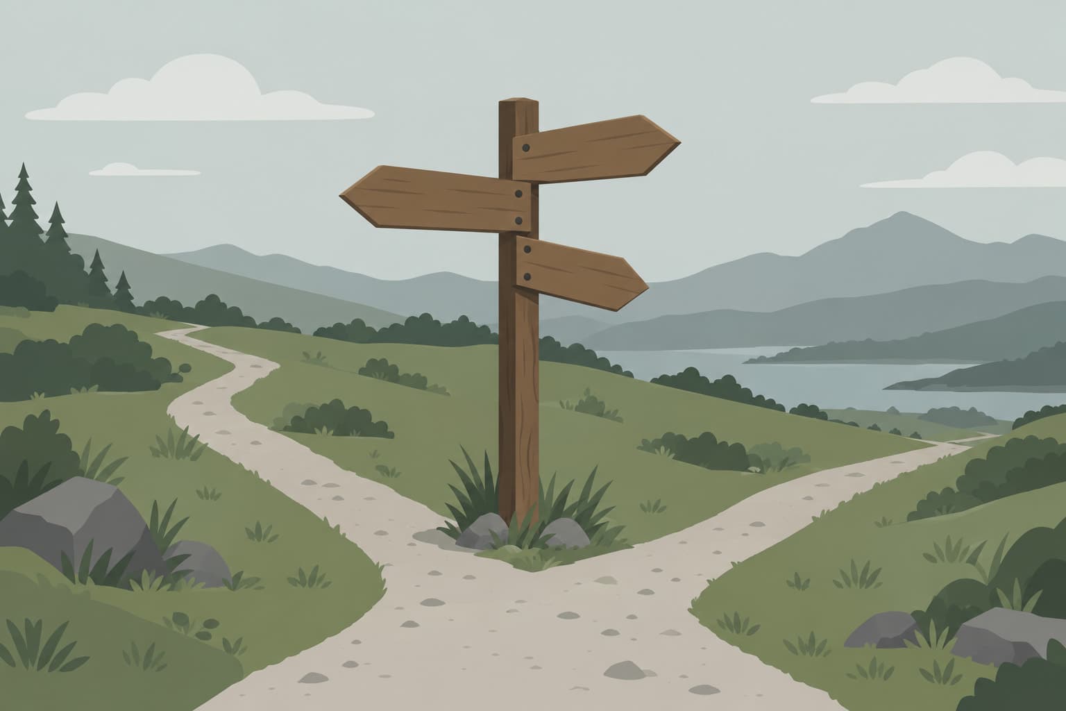 A flat illustration of a signpost with three arrows pointing in different directions
