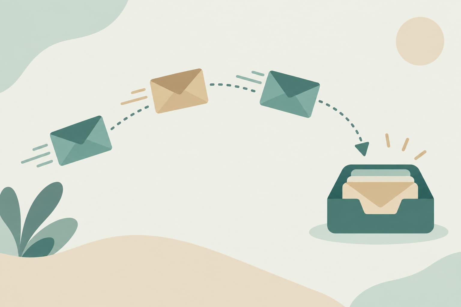 A flat illustration of three envelopes moving along a dotted path toward an inbox tray