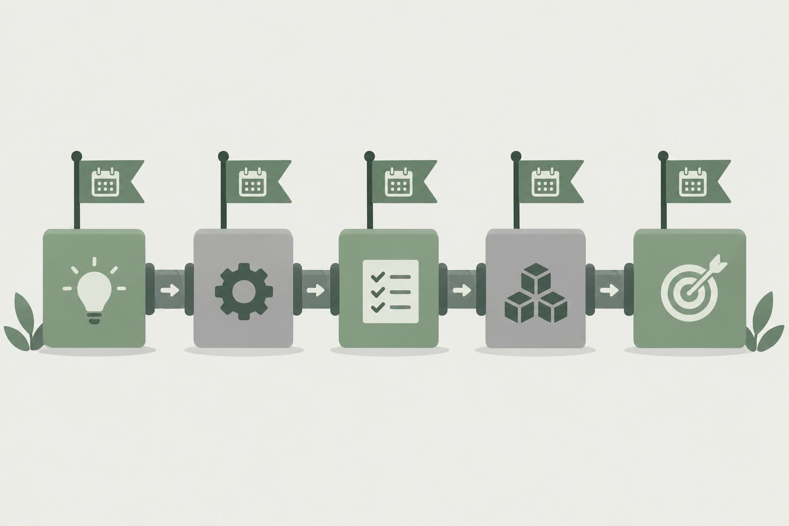 A flat illustration of a pipeline of boxes with small flags marking dates
