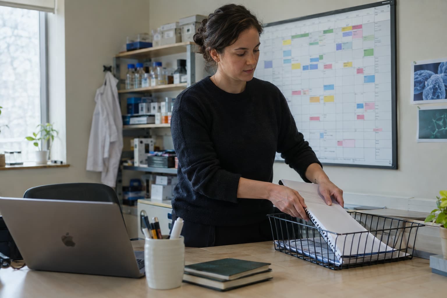 A founder in a small lab office placing a bound report into a mail tray beside a wall planner