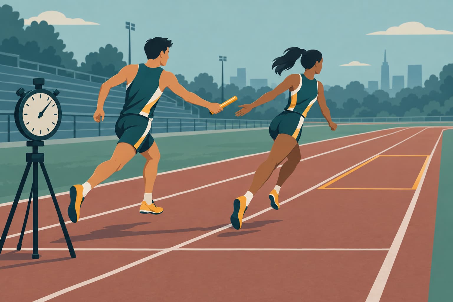 Relay runner passing a baton to the next runner at a track exchange zone, a stopwatch on a stand beside the lane