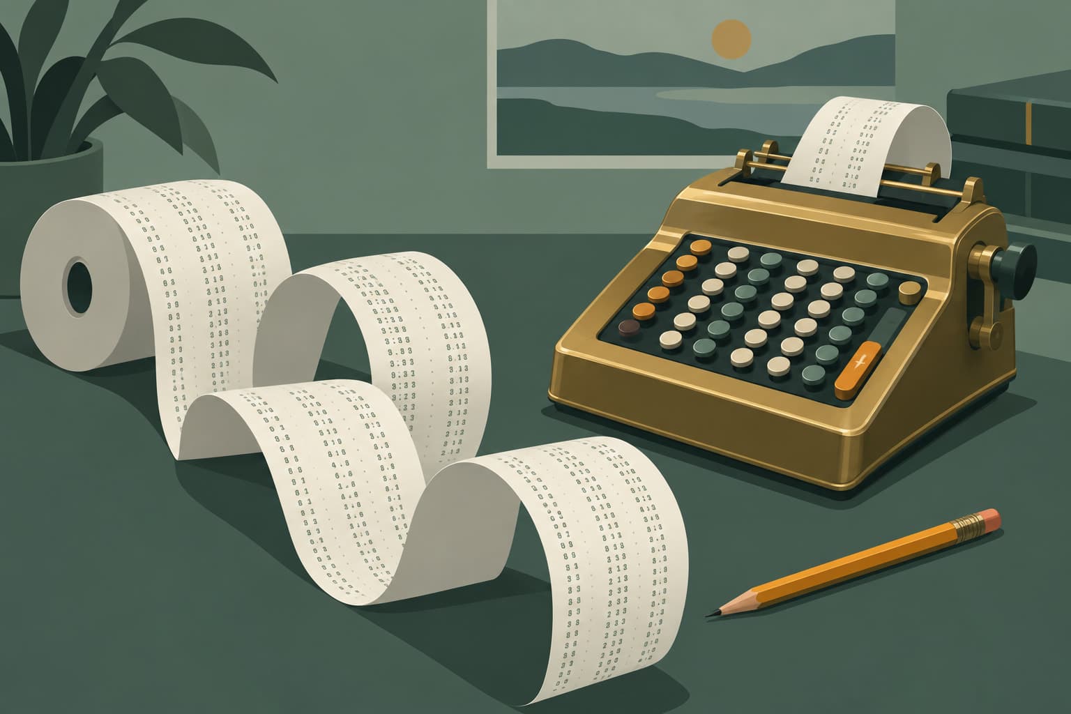 A long paper tape of columned figures beside a brass desk calculator