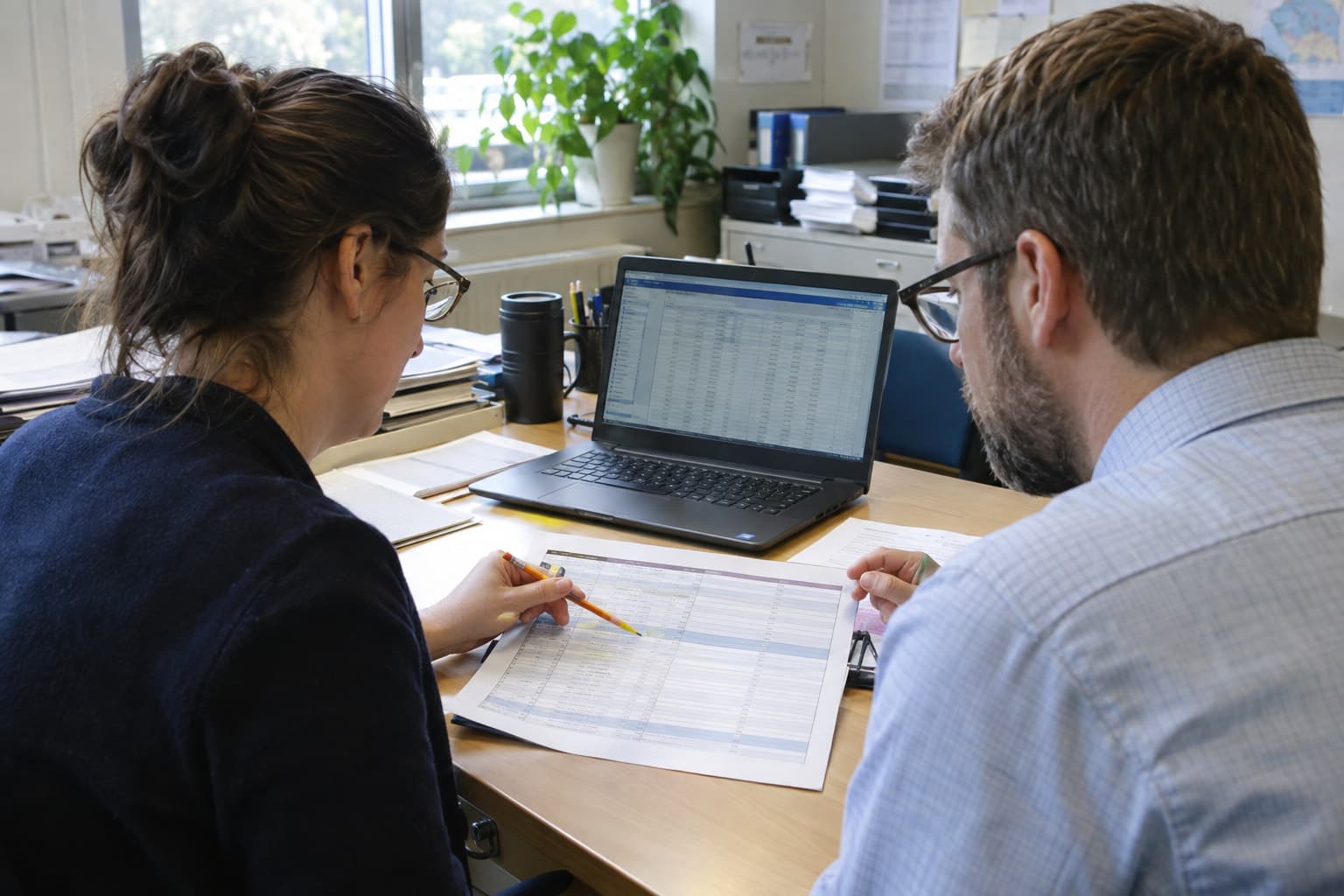 Two accountants matching a printed schedule against a ledger on a laptop