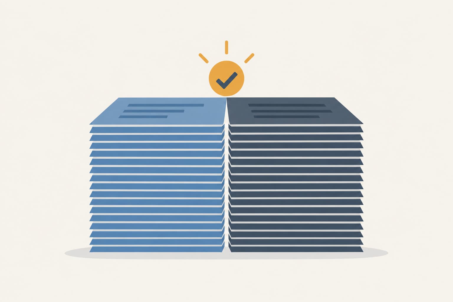 Two stacks of paper meeting at a single balanced line