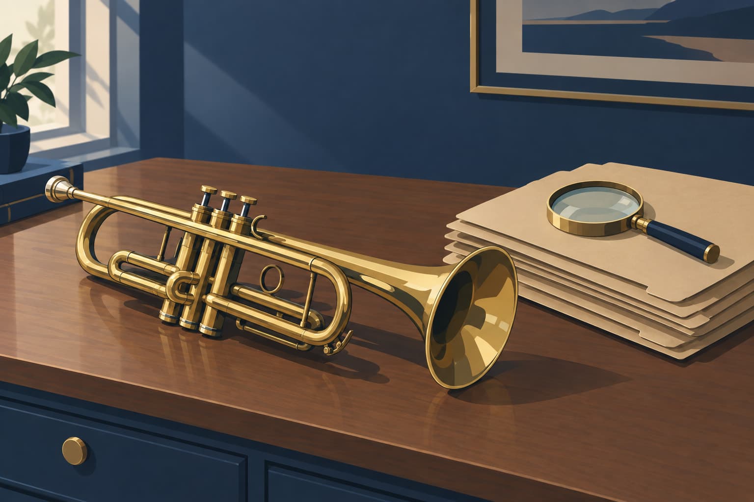 A brass trumpet set down on a desk beside a neat stack of folders and a magnifying glass
