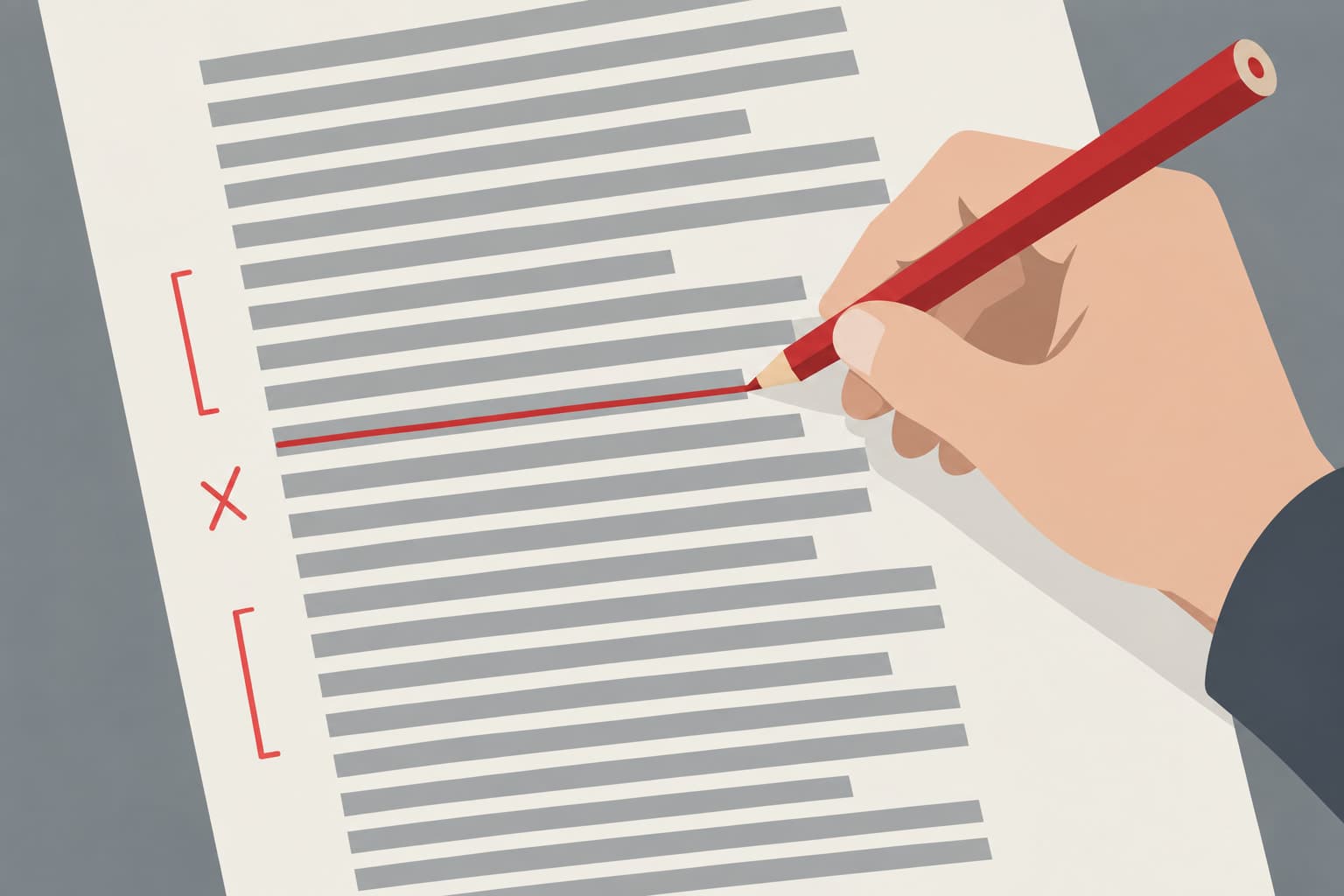 A hand drawing a line through one word on a printed page with a red pencil