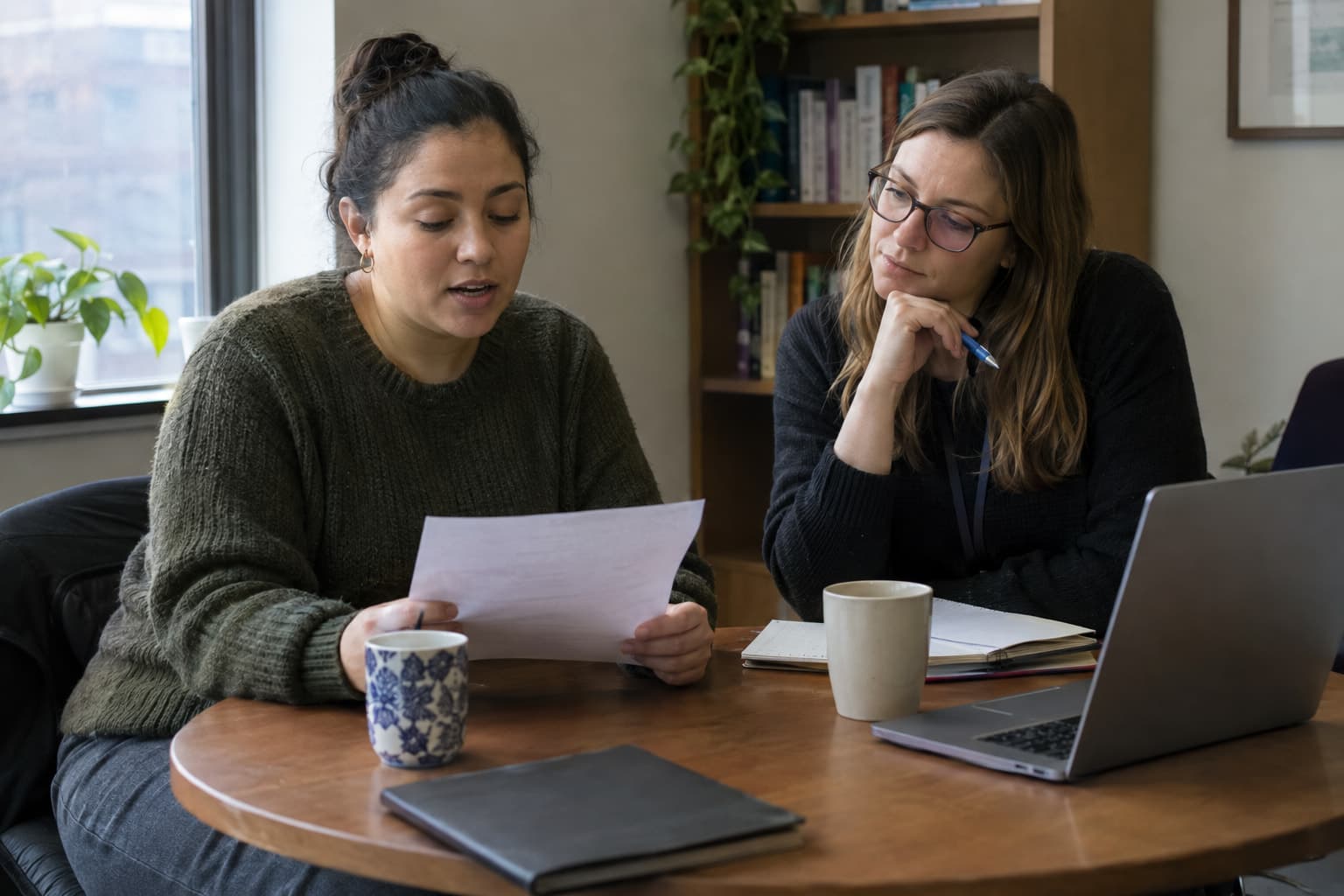 Two colleagues reading a printed draft aloud to each other at a small table