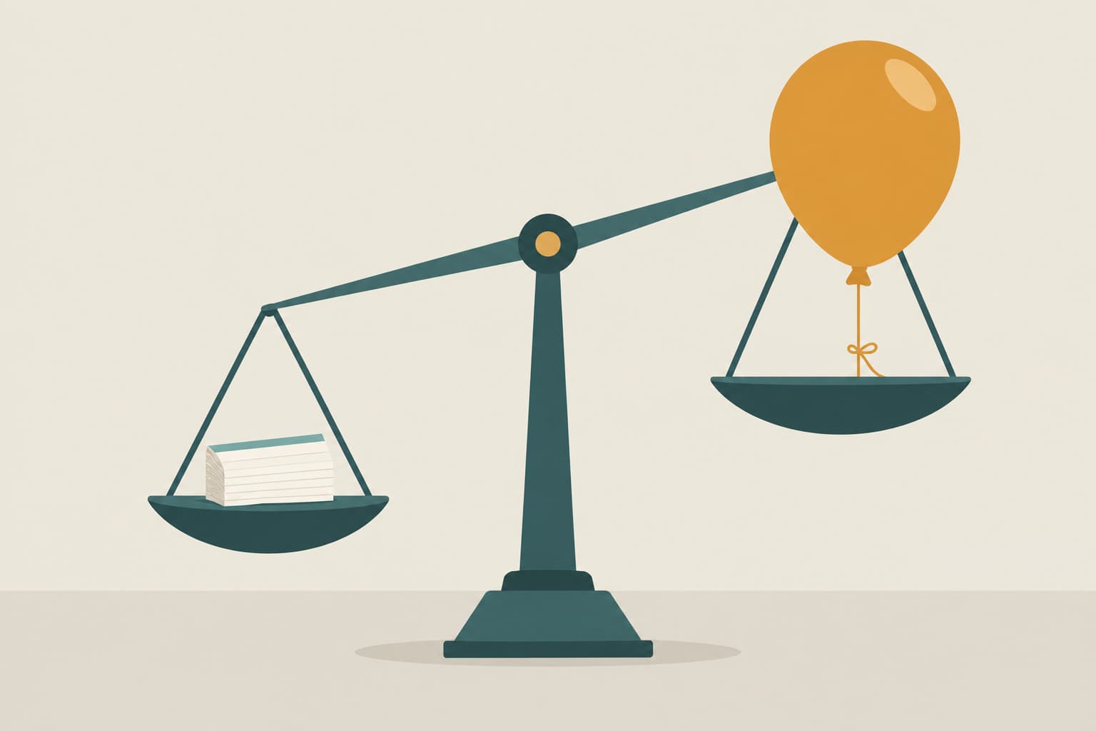 A balance scale with a small stack of evidence cards outweighing a large balloon