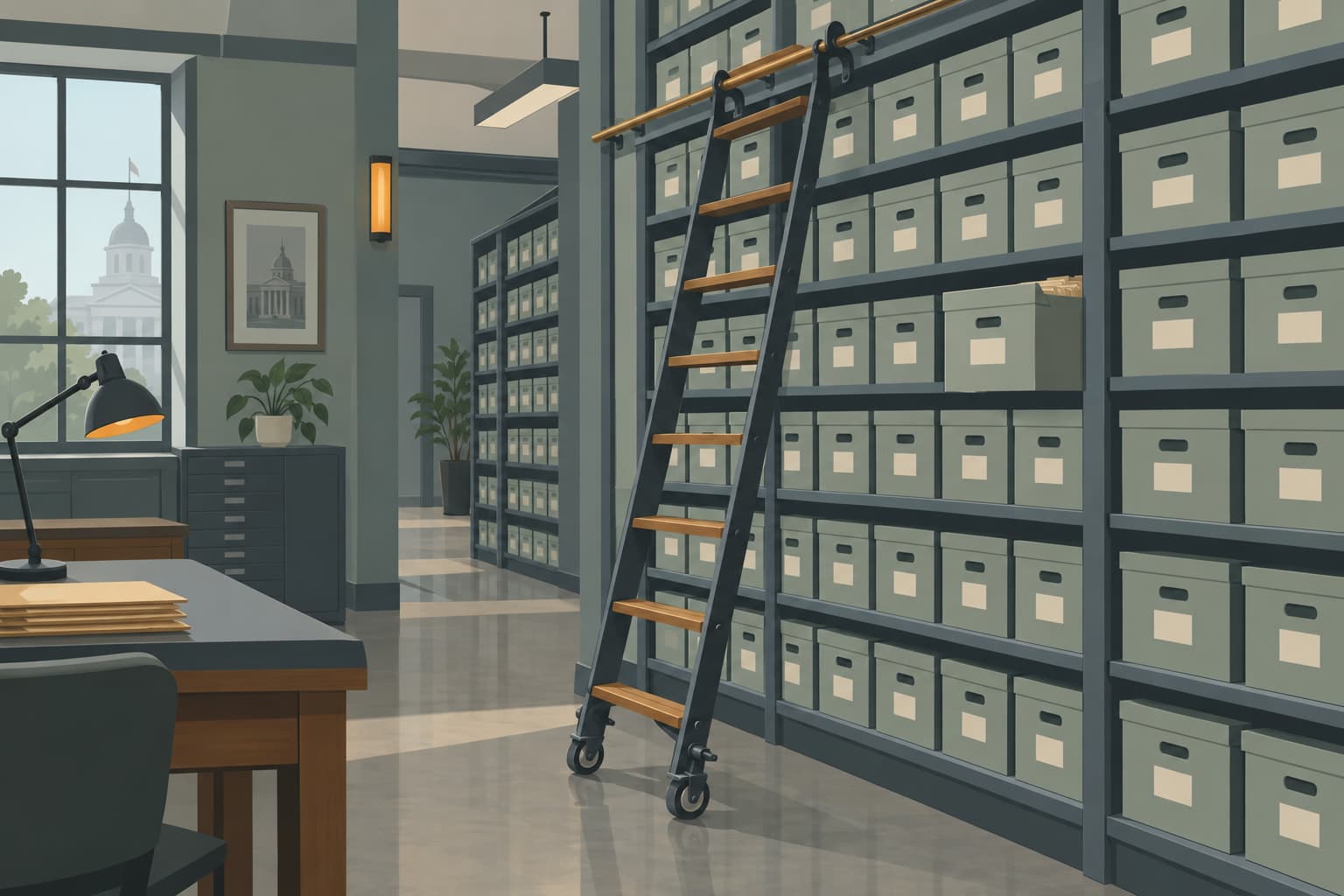 A rolling library ladder beside shelves of labeled archive boxes in a records room